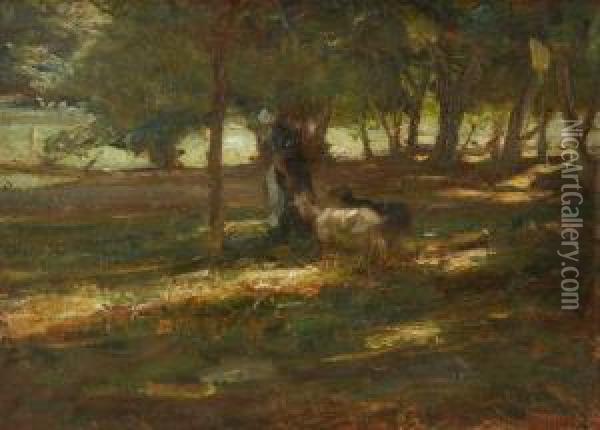 Wooded Landscape With Woman Herding Two Goats Oil Painting - Henry George Keller