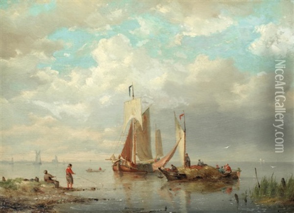 Pulling The Boats Ashore Oil Painting - Cornelis Christiaan Dommelshuizen