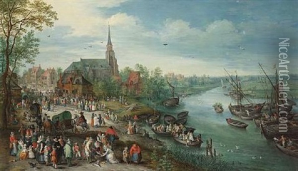 A Village Landscape With A Portrait Of Jan Brueghel The Elder And His Family And Numerous Other Figures By A River Oil Painting - Karel Beschey