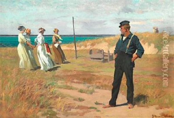 Beach Scene With A Young Fisherman Looking At Four Elegant Young Women Oil Painting - Erik Ludwig Henningsen