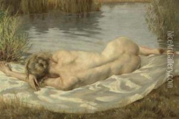 Liegender Akt In Einer Flusslandschaft. 1926. Oil Painting - Peter Von Hamme