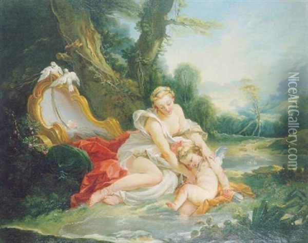 L'amour Au Bain Oil Painting - Jean Baptiste Henri Deshays