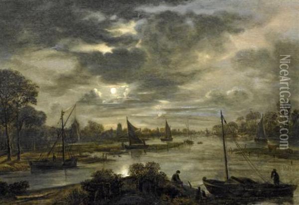 River Landscape In The Moonlight Oil Painting - Aert van der Neer