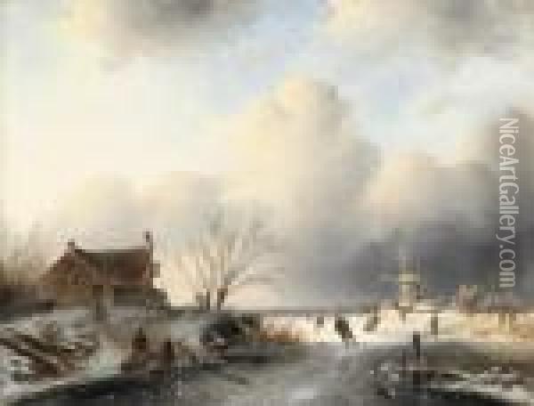 Skaters On A Frozen Waterway Oil Painting - Charles Henri Leickert