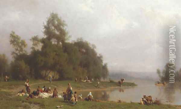 Washerwomen by a Riverbank Oil Painting - Karl Girardet