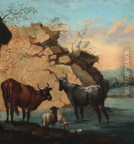 Scenery With Cows And Sheep Oil Painting - Ferdinand Kobell