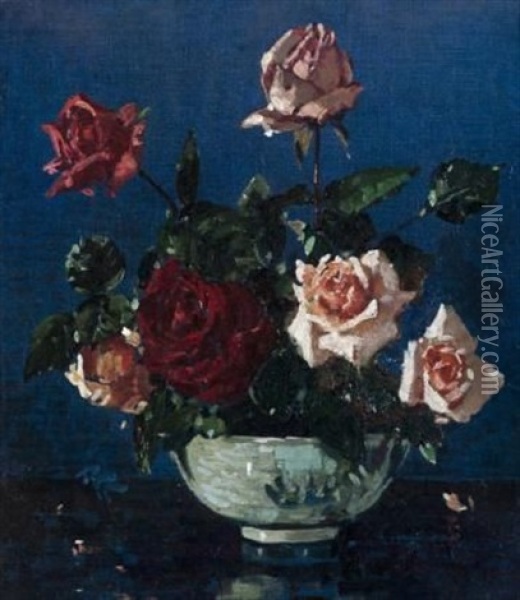 Roses In A Chinese Bowl Oil Painting - Robert Gwelo Goodman