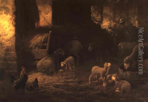 L'interieur D'une Bergerie Avec Des Moutons, Des Agneaux,   Un Coq Et Une Poule Oil Painting - Charles Emile Jacque
