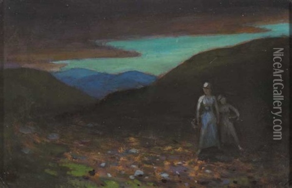 Evening Landscape With Figures, County Donegal Oil Painting - George Russell