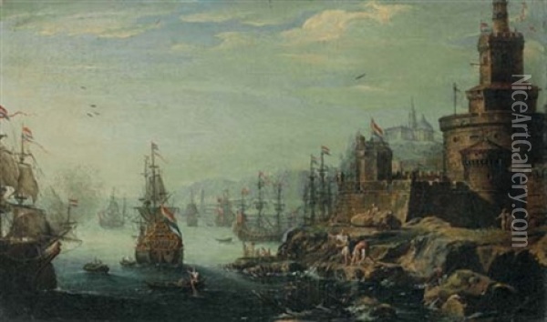 A Capriccio Of A Port With A Fortress And Figures In The Foreground Oil Painting - Johann Anton Eismann