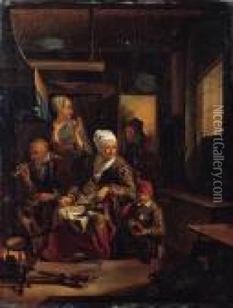 An Old Woman Baking Pancakes On 
An Open Fire, An Old Man Smoking Apipe And A Child Nearby, In A Kitchen Oil Painting - Cornelius de Visscher