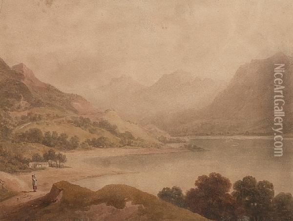 Mountainous Lake Scene With Figures In The Foreground Oil Painting - John Varley