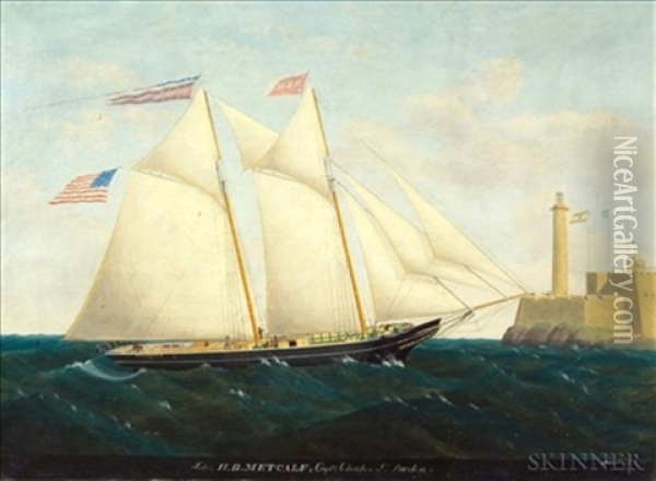 The Schooner "h.b. Metcalf" Off Havana With Fort La Cabana In The Distance Oil Painting - Edward Arnold
