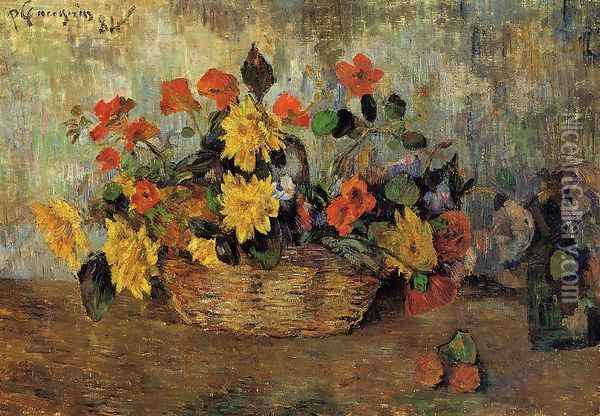 Nasturtiums And Dahlias In A Basket Oil Painting - Paul Gauguin