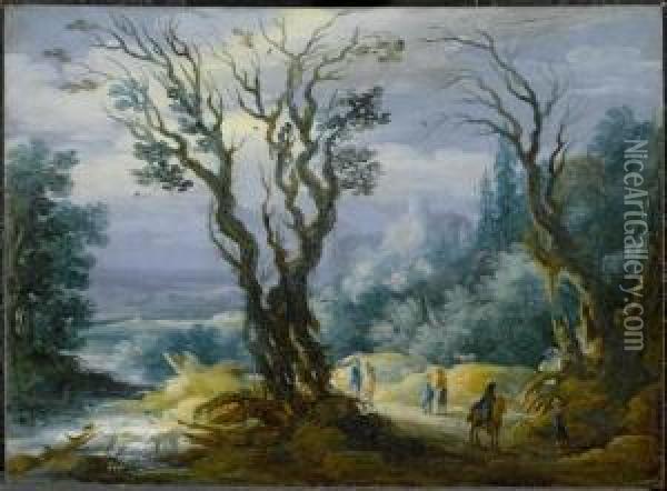 Forest Landscape With Rider And Figures Oil Painting - Johannes Tielius