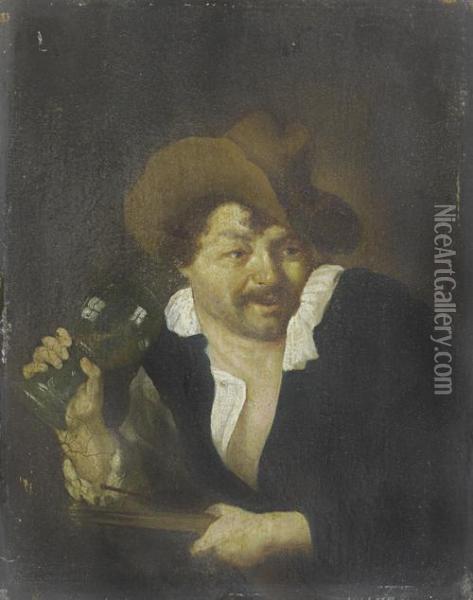 Portrait Of A Violin Player, Bust-length In Black Costume,drinking Oil Painting - Arie de Vois