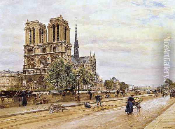 Notre dame de Paris and the Flower Market Oil Painting - Marie-Francois-Firmin Girard