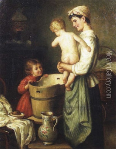 Interior Scene Of A Mother Bathing Her Children Oil Painting - Hedwig Edle von Malheim Friedlaender