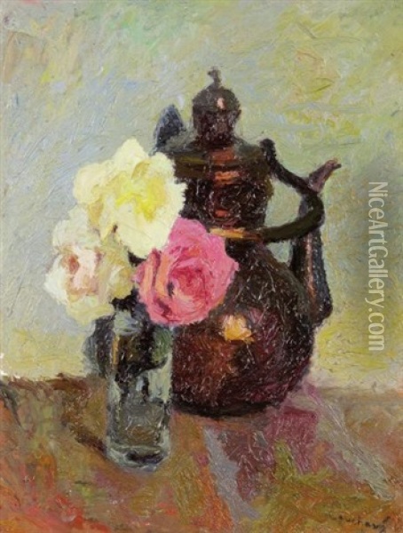 Cafetiere Au Bouquet De Roses Oil Painting - Marcel Couchaux