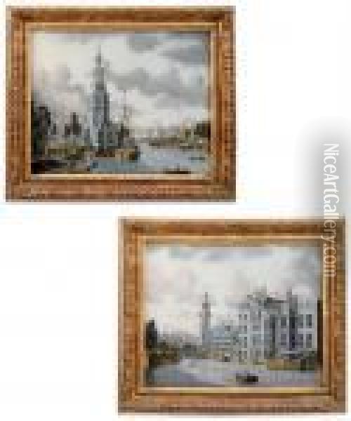 Views Of The Binnenamstel Met Munttoren And Of The Oude
Schans Met Montelbaanstoren Oil Painting - Jonas Zeuner