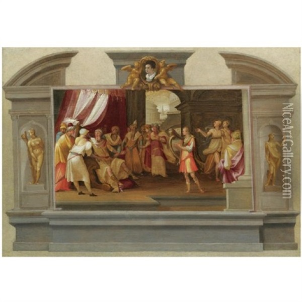 A Trompe L'oeil Design For A Wall Monument, With David Playing The Harp Before Saul, A Portrait Of A Young Man Held By Putti Above Oil Painting - Tommaso Manzuoli