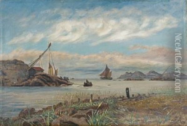 Laksefiskerierne Ved Elvemundingen, Mandal Oil Painting - Olaf Isaachsen