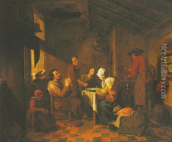 Peasants In An Interior Saying Grace Before The Meal Oil Painting - Jan Josef Horemans the Younger