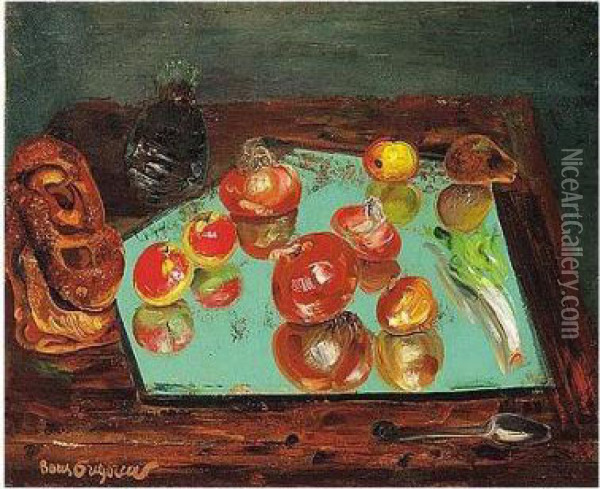 Still Life With Apples, Vegetables And Bread Oil Painting - Boris Dimitrevich Grigoriev