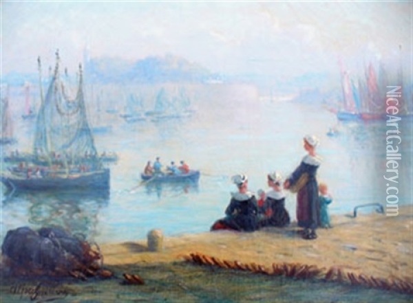 L'attente Des Femmes De Pecheurs Sur Le Port De Concarneau Oil Painting - Alfred Guillou