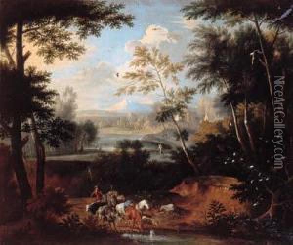 An Italianate Landscape With A Drover And Cattle At A Stream Oil Painting - Pieter Rysbrack