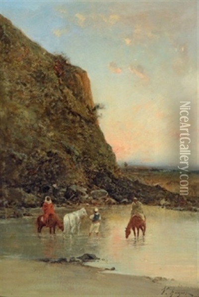 Beduinen Mit Ihren Pferden An Der Wasserstelle Oil Painting - Victor Pierre Huguet