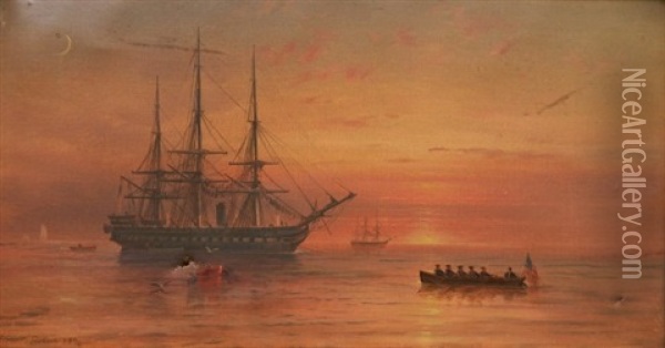 Ships At Sea At Sunrise Oil Painting - Granville Perkins