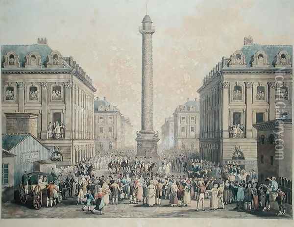 Charles-Ferdinand de France 1778-1820 Duc de Berry returning to the Tuileries through the Place Vendome, 1814 Oil Painting - Nicolas Joseph Vergnaux