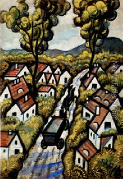 Dorfstrase Mit Pferdefuhrwerk Oil Painting - Hugo Scheiber