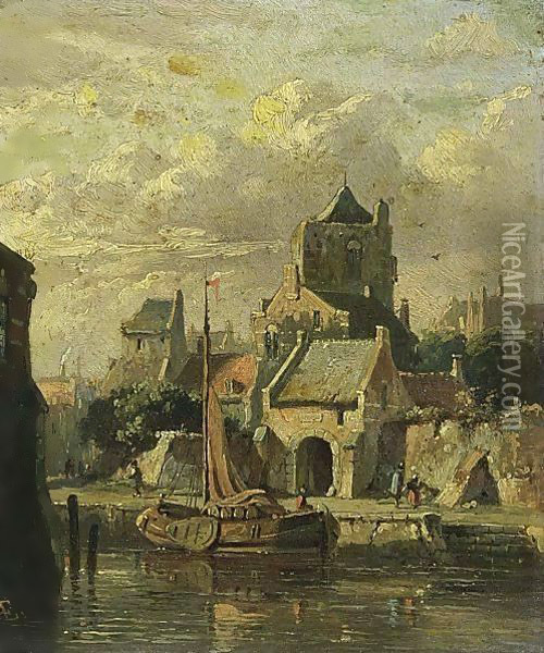 A Town View With A Moored Boat Oil Painting - Adrianus Eversen