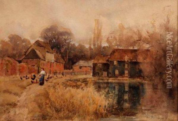 Figure And Chickens By A River Oil Painting - Louis Burleigh Bruhl
