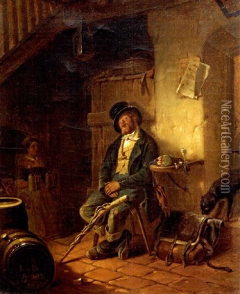 Schlafender Wandergeselle In Einem Munchner Wirtshaus Oil Painting - Karl Von Enhuber
