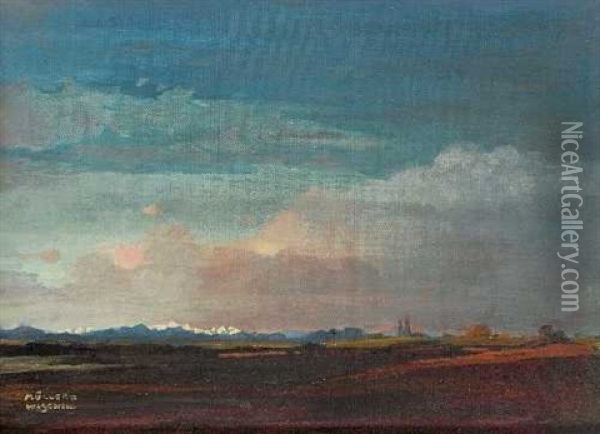 Voralpenlandschaft Bei Rosenheim Im Abendlicht Oil Painting - Anton Mueller-Wischin