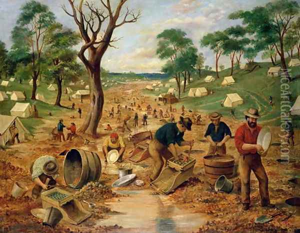 Australian Gold Diggings, c.1855 Oil Painting - Edwin Stocqueler