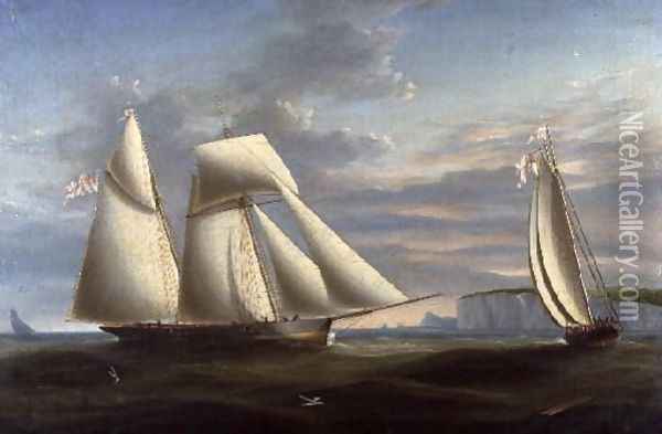 A topsail schooner and a schooner of the Royal Yacht Squadron off the coast of Dorset Oil Painting - Nicholas Condy