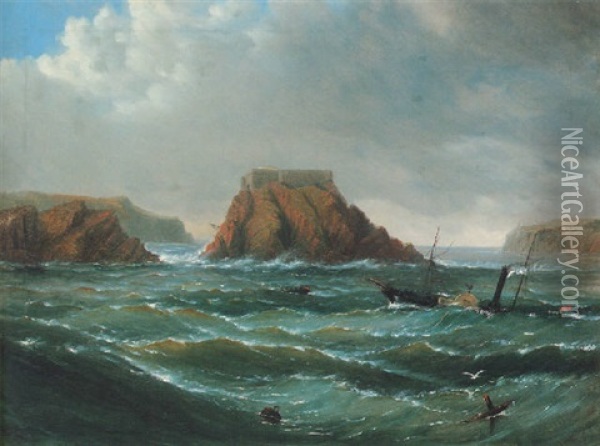 A Paddle Steamer In A Heavy Swell Off A Rocky Outcrop (tenby?) Oil Painting - James Haughton Forrest