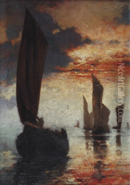 Bateaux Le Soir Au Soleil Couchant Oil Painting - Louis Robert Carrier-Belleuse