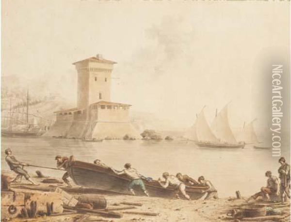 Sailors Hauling A Boat Up A Beach, A Tower Seen Across A Baybeyond Oil Painting - Victor-Jean Nicolle