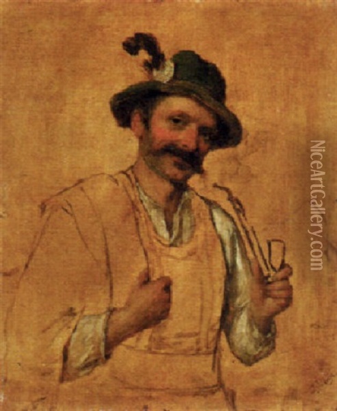 Tyrolean Man Smoking A Pipe Oil Painting - Josef Bueche