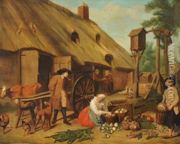 Kuchenmagd Und Bauern Beim Vorbereiten Der Marktfahrt Oil Painting - Jan Josef Horemans the Younger