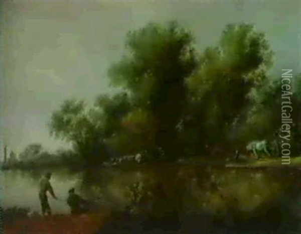 Bewaldete Flussslandschaft Mit Einer Fahre Und Einem        Pferdefuhrwerk, Im Vordergrund Zwei Angler Oil Painting - Salomon van Ruysdael