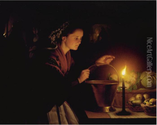 A Market Scene By Candlelight Oil Painting - Petrus van Schendel