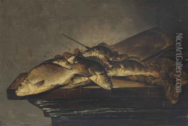 Fish, A Fishing Pole, A Fishing Basket And Nets On A Wooden Table Oil Painting - Pieter de Putter