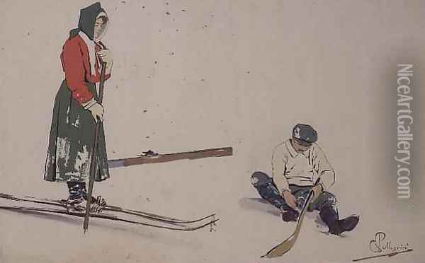 Securing his skis Oil Painting - Carlo Pellegrini