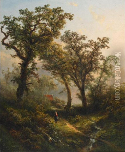 Woman On A Wooded Path By A Stream Oil Painting - Pieter Lodewijk Francisco Kluyver